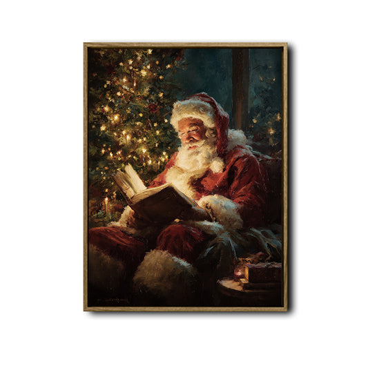 Vintage Santa Reading Book Framed Wall Art Classic Oil Painting Christmas Print