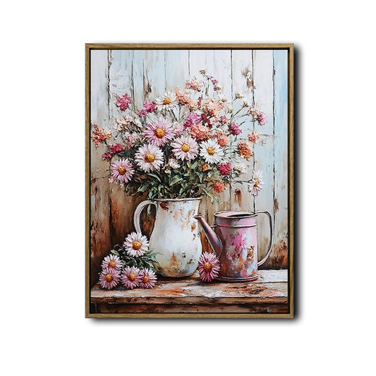 Shabby Chic Wild Daisy Wall Print, Antique Jug Watering Can Flower Canvas for Living Room Cottage Farmhouse Decor