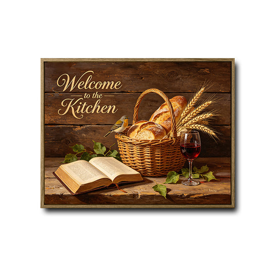Welcome to the Kitchen Still Life Canvas, Vintage Farmhouse Kitchen Wall Decor