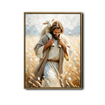 Inspirational Jesus The Good Shepherd Wall Print, Jesus Holding Lamb On Shoulders Farm Field Christian Canvas Decor