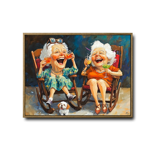 Whimsical Laughing Elderly Women Cocktail Canvas Print, Happy Old Best Friends With Dog Wall Art
