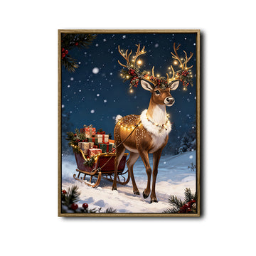 Christmas Lit Reindeer & Sleigh Framed Wall Art Winter Night Print
