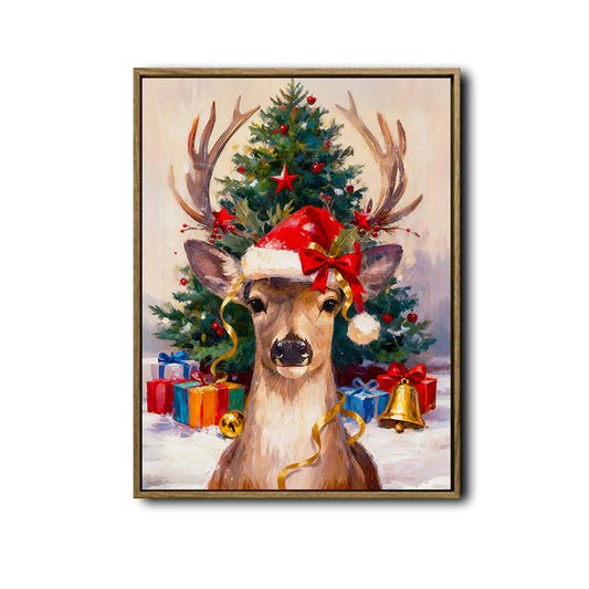 Vintage Christmas Reindeer Canvas Print, Cute Deer Wearing Santa Hat with Gifts & Christmas Tree Wall Art