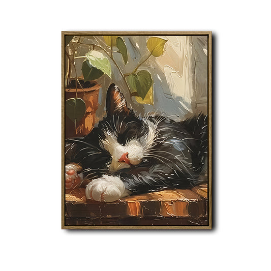 Cozy Cottage Wall Decor, Napping Black and White Tuxedo Cat by Window With Houseplant, Textured Vintage Oil Painting Style Vertical Canvas Artwork For Bedroom Farmhouse