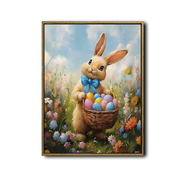 Easter Bunny Blue Bow Holding Egg Basket Wildflower Canvas Wall Art