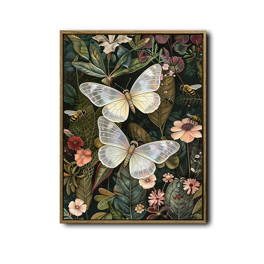 Moody Dark Garden Canvas Poster, Antique‑Style Moth Butterflies Bees Wildflower Artwork for Living Room Bedroom Wall Decor