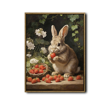 Brown Rabbit Strawberry Basket White Floral Vintage Canvas Wall Art