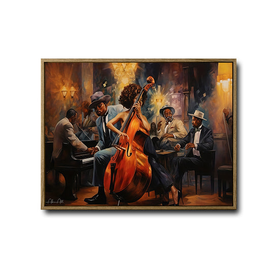Retro Jazz Band Canvas Print, Black Female Bassist Harlem Night Club Music Wall Art