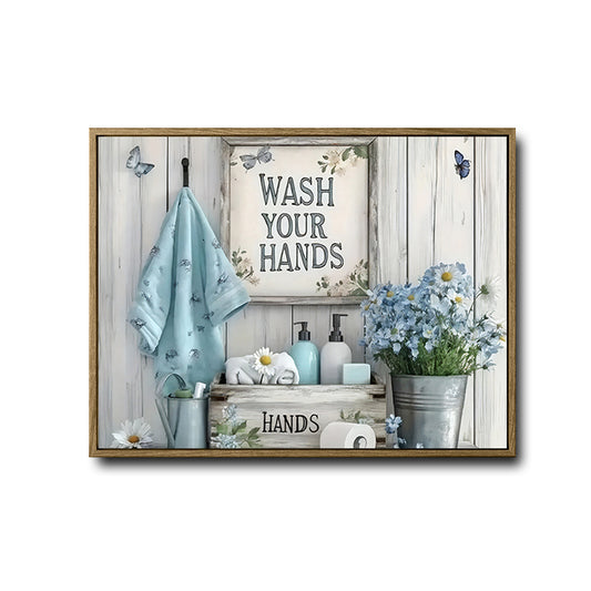 Blue Daisy Floral Bathroom Wall Print, Wash Your Hands Sign Country Cottage Canvas for Powder Room Decor