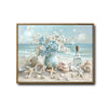 Beach Seashell Starfish Blue Flower Vase Canvas Wall Art, Coastal Seaside Floral Ocean Scene Impasto Painting Print, Horizontal Farmhouse Beach House Wall Decor