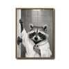 Black And White Raccoon In Bathrobe Opening Bathroom Door Canvas Wall Art Funny Modern Bathroom Wall Decor