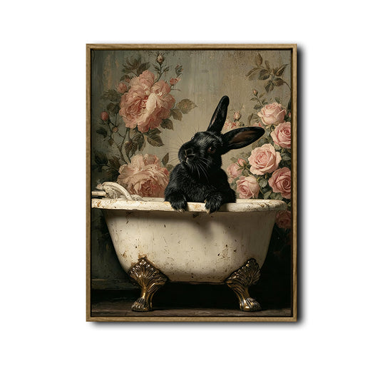 Vintage Black Rabbit Claw Tub Pink Roses Bathroom Canvas Wall Art