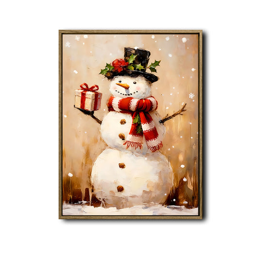 Vintage Snowman Gift Box Framed Wall Art Oil Painting Christmas Winter Print