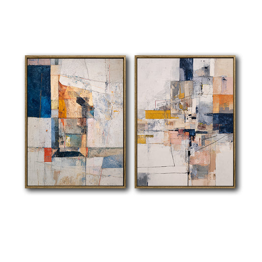 2 Piece Vintage Geometric Collage Abstract Canvas Prints Color Block Impasto Painting Contemporary Neutral Wall Art