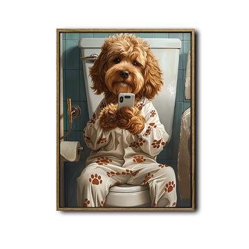 Goldendoodle Dog On Toilet With Phone Canvas Wall Art, Funny Paw Print Pajamas Dog Vertical Print, Humorous Bathroom Restroom Wall Decor