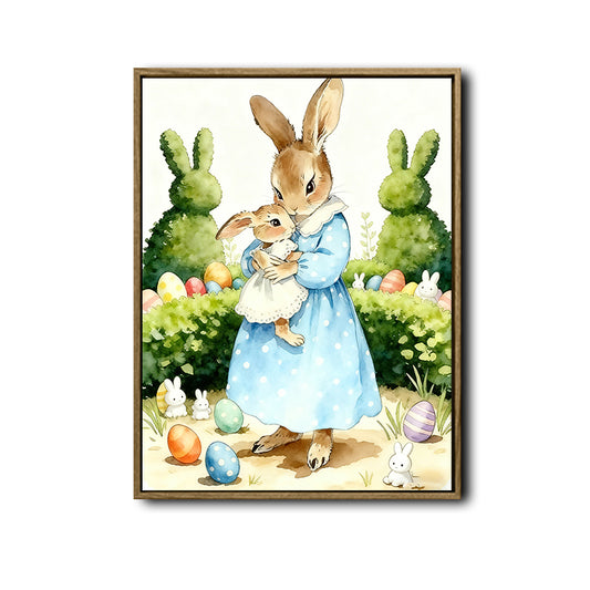 Watercolor Mother Baby Bunny Easter Garden Canvas Wall Art
