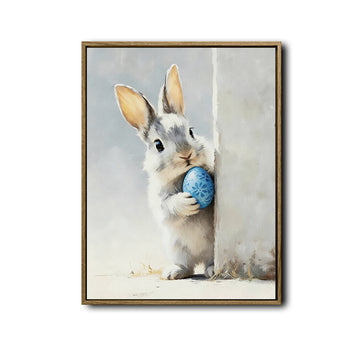 Peeking Grey Bunny Holding Blue Floral Easter Egg Canvas Wall Art