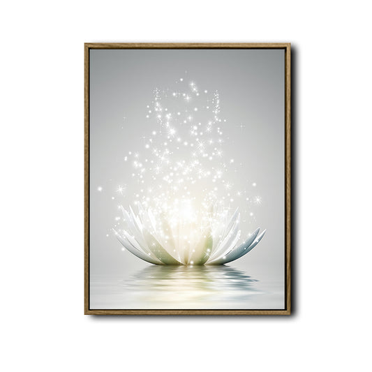 Glowing White Lotus Canvas Wall Art, Sparkling Star Water Lily Print, Minimalist Zen Floral Vertical Wall Decor for Bedroom Spa Yoga Room
