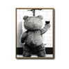 Funny Teddy Bear Wine Urinal Canvas Wall Art Black White Masculine Bathroom Decor