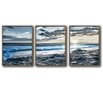 Set of 3 Rocky Beach Ocean Wave Sunset Seascape Framed Wall Art Prints