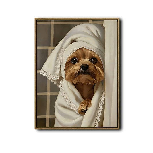 Whimsical Yorkie Bathroom Poster, Elegant Yorkshire Terrier With Lace Spa Towel Print, Humorous Restroom Wall Art For Dog Lovers
