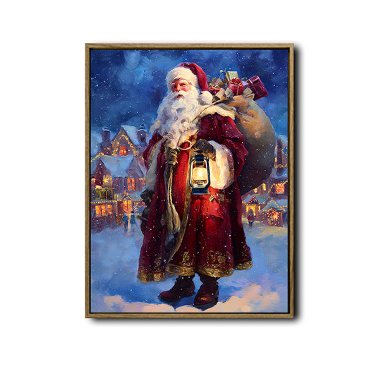 Vintage Santa Claus With Lantern Gift Sack Framed Wall Art Christmas Decoration
