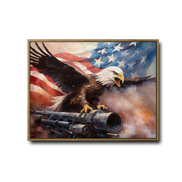 Bald Eagle American Flag Art Canvas Wall Art, Eagle Perched on Cannon Patriotic USA Canvas Print, Military Veteran Man Cave Wall Decor