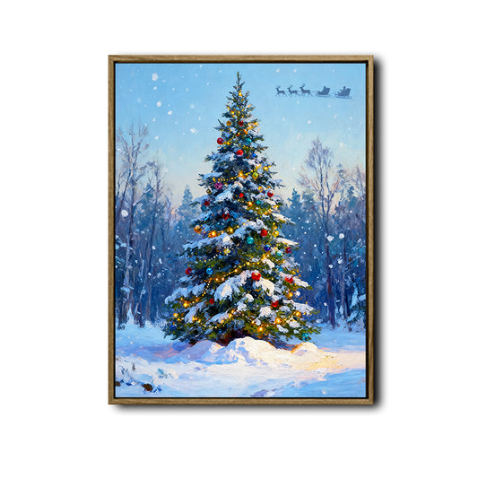 Snow‑Covered Christmas Tree Framed Canvas Wall Art, Vintage Winter Christmas Decor
