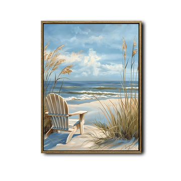 Serene Seaside Beach Wall Print, Adirondack Chair on Sand Dunes Ocean Scene Canvas for Living Room Decor