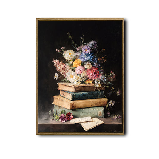 Antique Style Still Life Wall Decor, Wild Blooms on Vintage Books Oil Painting Canvas Poster for Book Lovers
