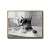 Modern Bathroom Wall Decor, Cool Tabby Cat Wearing Sunglasses Smoking Cigar In Bubble Bathtub, Black And White Photography Style Horizontal Canvas Art, Humorous Pet Artwork