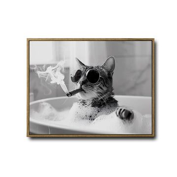 Modern Bathroom Wall Decor, Cool Tabby Cat Wearing Sunglasses Smoking Cigar In Bubble Bathtub, Black And White Photography Style Horizontal Canvas Art, Humorous Pet Artwork