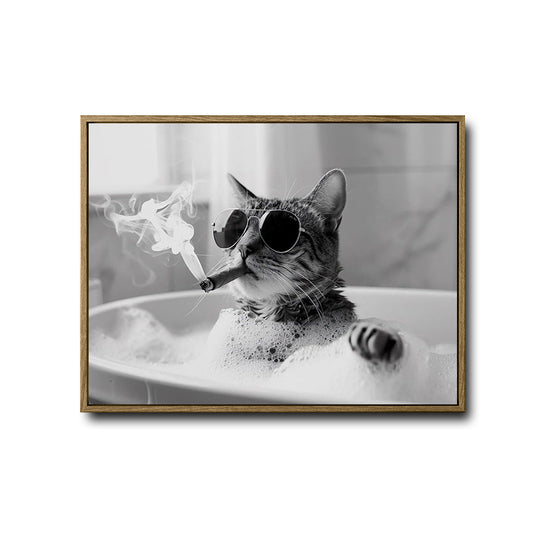 Modern Bathroom Wall Decor, Cool Tabby Cat Wearing Sunglasses Smoking Cigar In Bubble Bathtub, Black And White Photography Style Horizontal Canvas Art, Humorous Pet Artwork