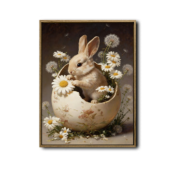 Baby Rabbit Easter Egg Shell Daisies Dandelions Canvas Wall Art