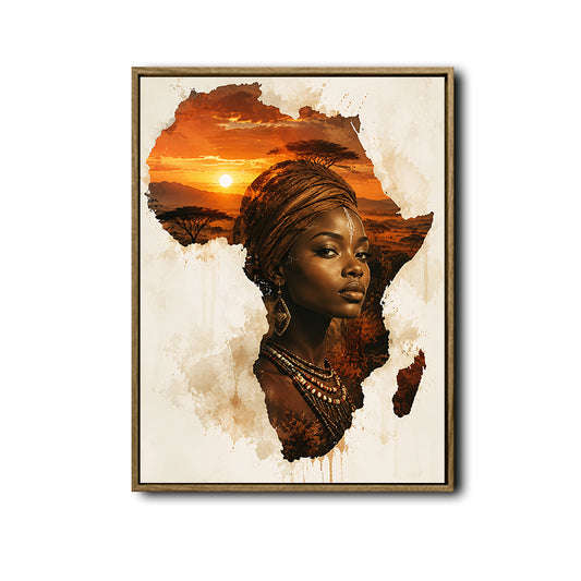 Vintage Watercolor Africa Map Canvas Poster, Tribal Woman Savannah Sunset Artwork for Gallery Wall Ethnic Home Decor