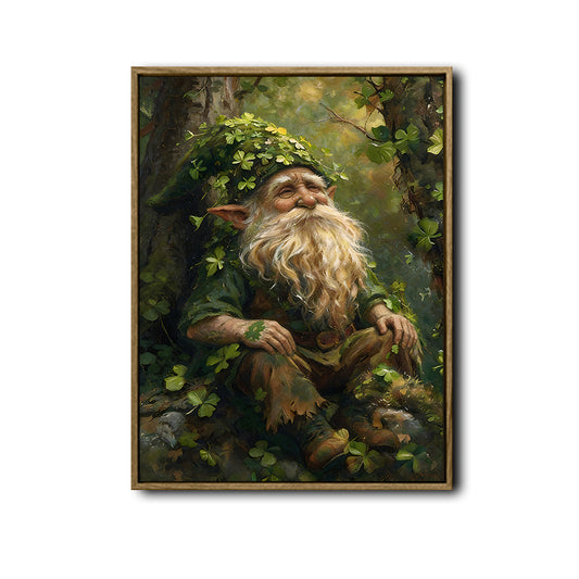 Vintage Forest Gnome Clover Canvas Wall Art
