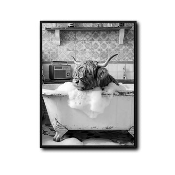 Black And White Highland Cow With Glasses In Bubble Bathtub Canvas Wall Art Funny Farmhouse Bathroom Wall Decor