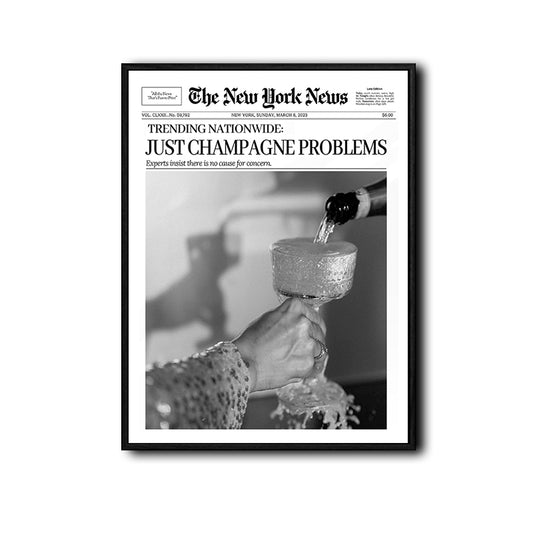 Just Champagne Problems Newspaper Style Wall Art, The New York News Retro Black White Champagne Canvas Print, Trendy Bar Cart Apartment Wall Decor