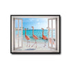 Open White French Window Flamingo Beach Canvas Wall Art, Tropical Ocean Seaside Flamingo Fake Window Horizontal Print, Coastal Beach House Summer Wall Decor