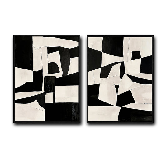 Set of 2 Black and White Geometric Abstract Canvas Wall Art Textured Block Shapes Minimalist Framed Wall Decor Living Room Bedroom
