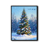Vintage Christmas Forest Canvas Print, Snow‑Covered Xmas Tree with Ornaments & Santa Sleigh Holiday Wall Art
