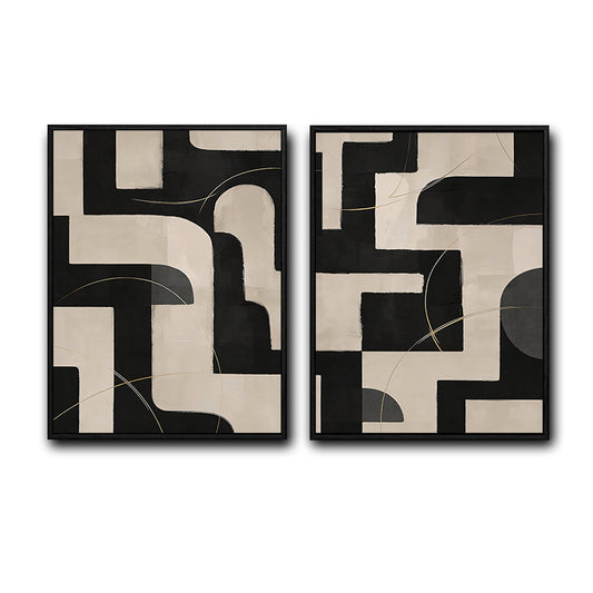 2 Piece Neutral Block Shape Abstract Canvas Prints Black Cream Curved Geometric Painting Wabi Sabi Contemporary Wall Art