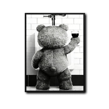 Funny Teddy Bear Wine Urinal Canvas Wall Art Black White Masculine Bathroom Decor