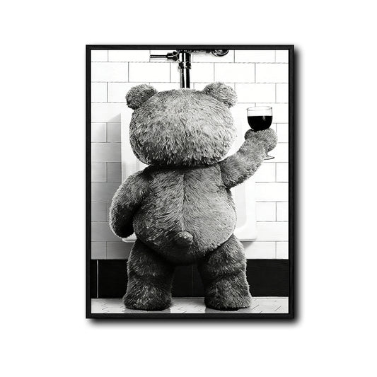 Funny Teddy Bear Wine Urinal Canvas Wall Art Black White Masculine Bathroom Decor