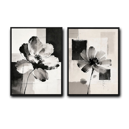 2 Piece Monochrome Textured Floral Canvas Prints Abstract Geometric Poppy Painting Modern Neutral Organic Wall Art
