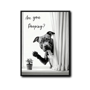 Pitbull Peeking Curtain Are You Pooping Funny Quote Canvas Wall Art Black White Dog Bathroom Wall Decor