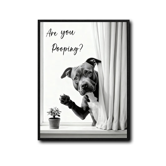 Pitbull Peeking Curtain Are You Pooping Funny Quote Canvas Wall Art Black White Dog Bathroom Wall Decor