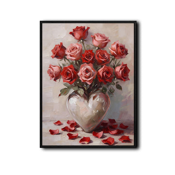 Valentine Rose Bouquet Canvas Print, Red Pink Roses in Heart Vase Vintage Floral Romantic Wall Art