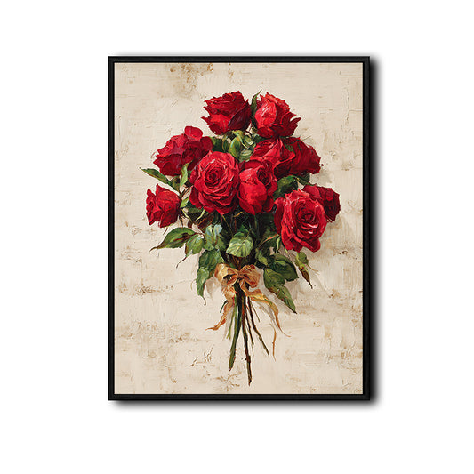 Valentine Red Rose Bouquet Canvas Wall Art, Vintage Oil Painting Red Roses with Ribbon Framed Canvas Print, Romantic Farmhouse Bedroom Wall Decor