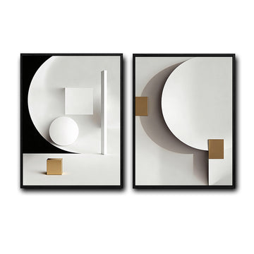 2 Piece Modern 3D Shadow Geometric Canvas Prints White Black Gold Cube Circle Shape Contemporary Minimalist Wall Art